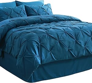 Bedsure Comforter Set Twin Bed in A Bag Teal 6 Pieces - 1 Pinch Pleat Comforter(68X88 inches), 1 Pillow Sham, 1 Flat Sheet, 1 Fitted Sheet, 1 Bed Skirt, 1 Pillowcase