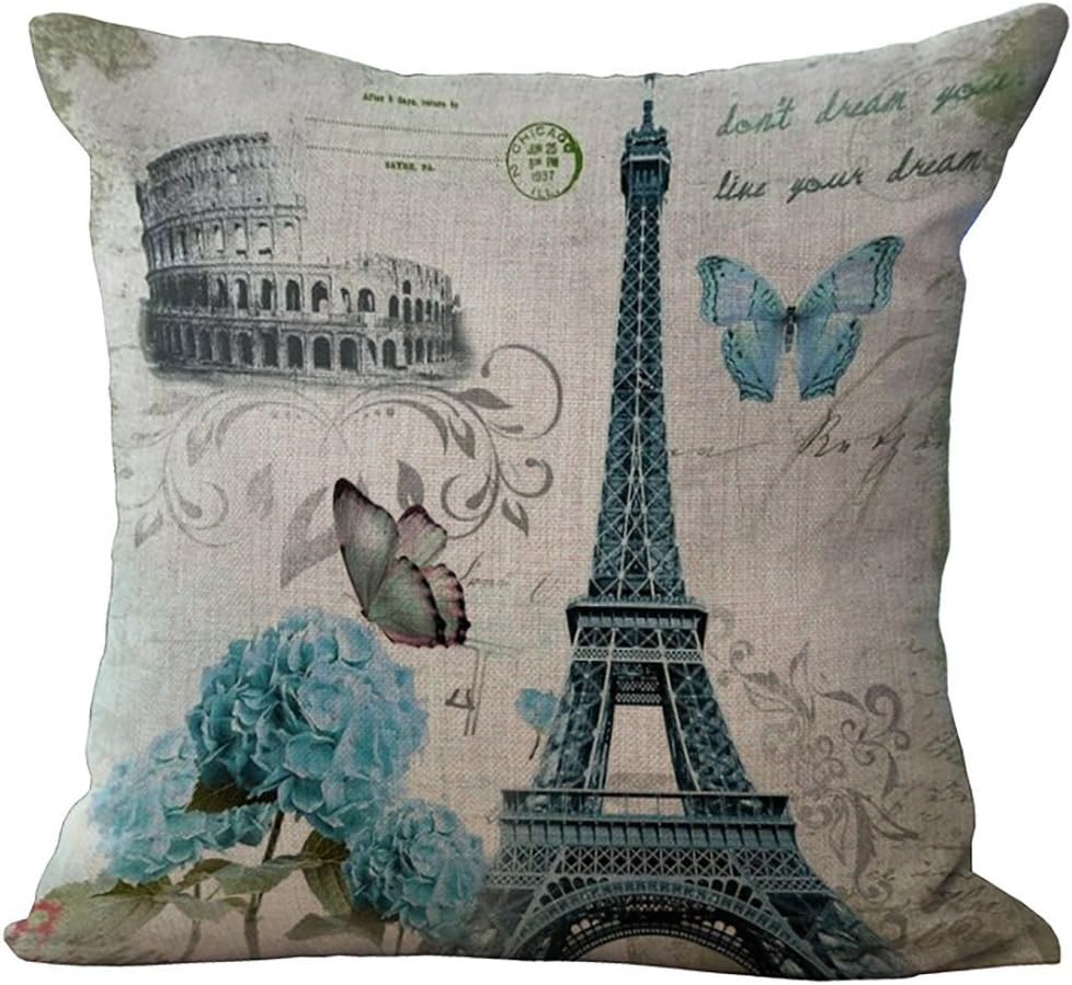 ChezMax Linen Blend Eiffel Tower Pattern Cushion Cotton Square Decorative Throw Pillow 18 X 18''