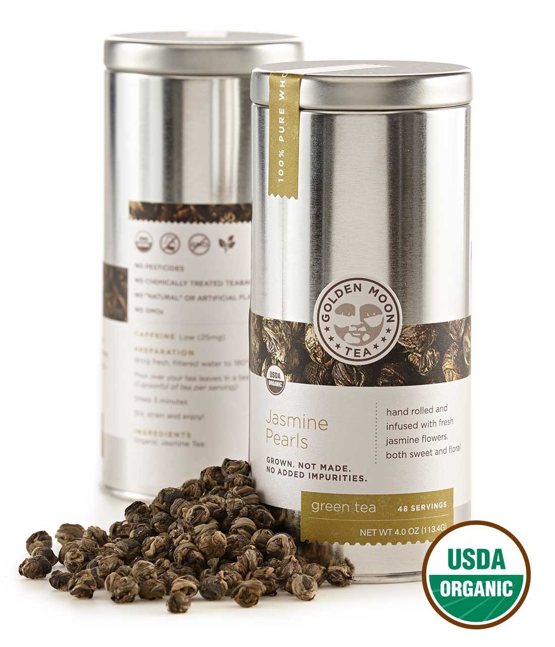 Golden Moon Tea - Jasmine Pearls Tea - Organic - Loose Leaf - Non GMO - 4oz Tin - 48 Servings