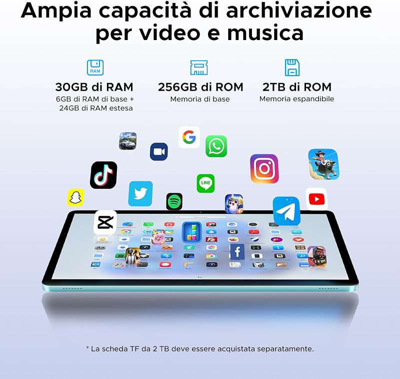 TAB G6 Android 16 Tablet 11 Pollici, 4G LTE 90Hz, 30GB RAM+256GB ROM/TF 2TB, Octa-Core Tablet con Sim, 8000mAh/Gemini AI/Widevine L1/13MP+5MP/OTG/BT5/FACE ID/Doppi altoparlanti/3.5mm Jack-Blu