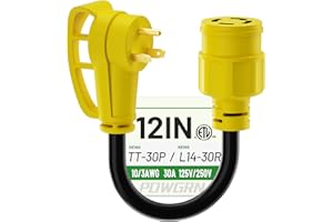 POWGRN 30 Amp to 30 Amp RV Generator Adapter Cord 1FT(12 Inch), NEMA TT-30 Male Plug to NEMA L14-30 Female Plug, 3 Prong Heavy Duty Power Cord, 10 Gauge STW, 30A 125V/250V, Black-Yellow, ETL Listed