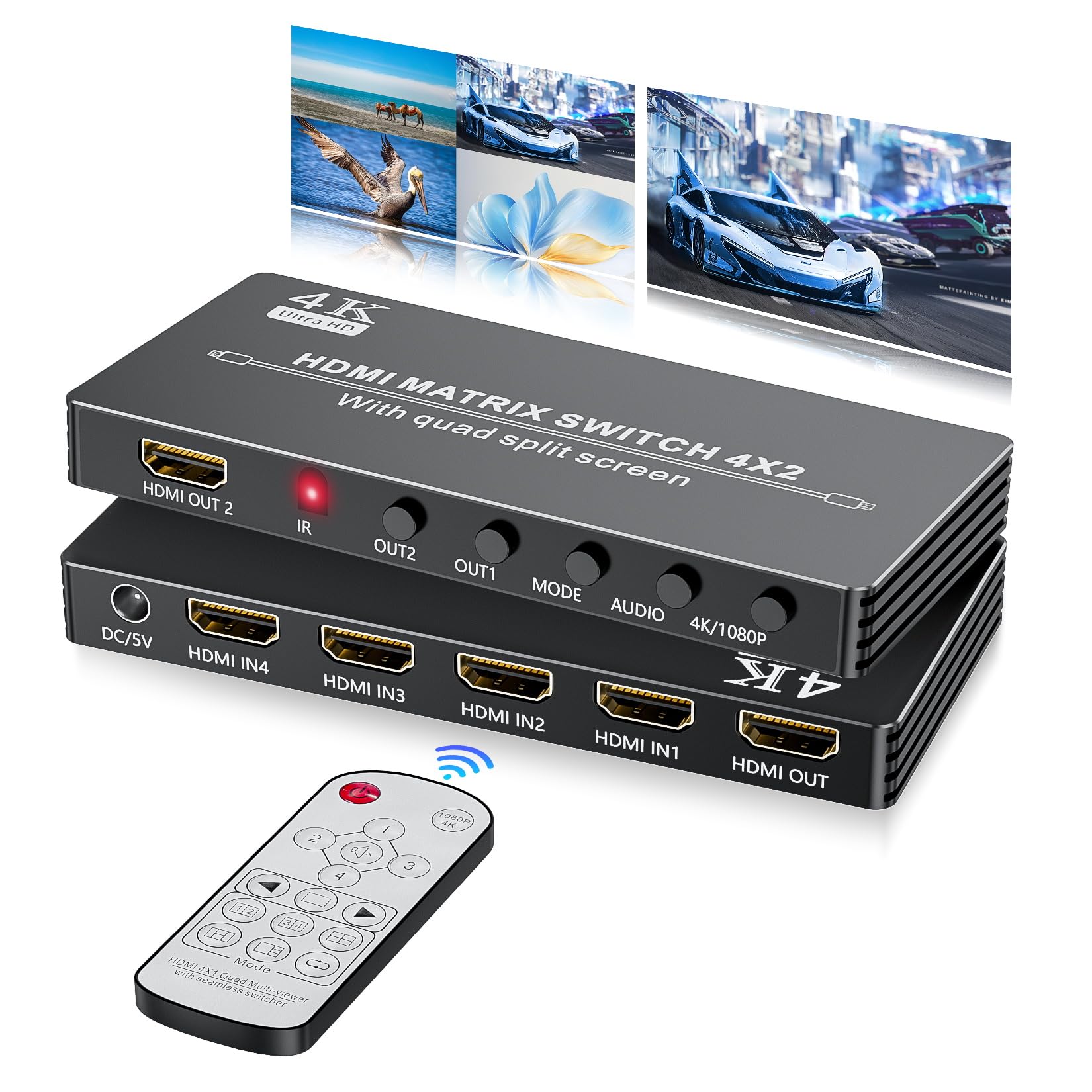BolAAzuL 4K HDMI Multiviewer Switch - 4x2 Matrix Switcher, Quad Multi-Viewer 4 in 2 Out Seamless Switch, 9 Viewing Modes, IR Control for TV, Gaming, Projector