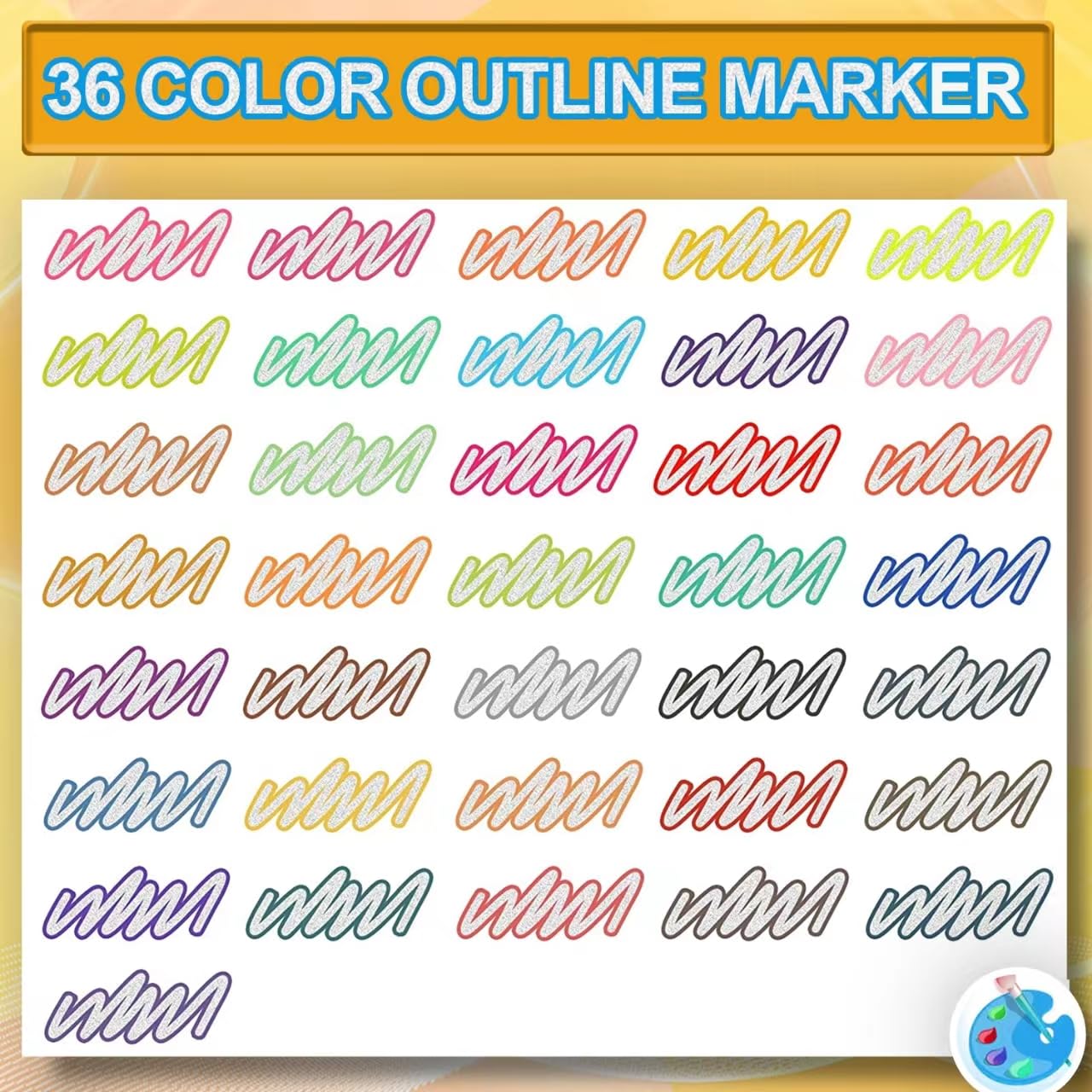 Double Line Super Squiggles Glitter & Metallic Markers, 36 Colors - Self Outline Pens for Doodle Art, Greeting Cards & Crafts