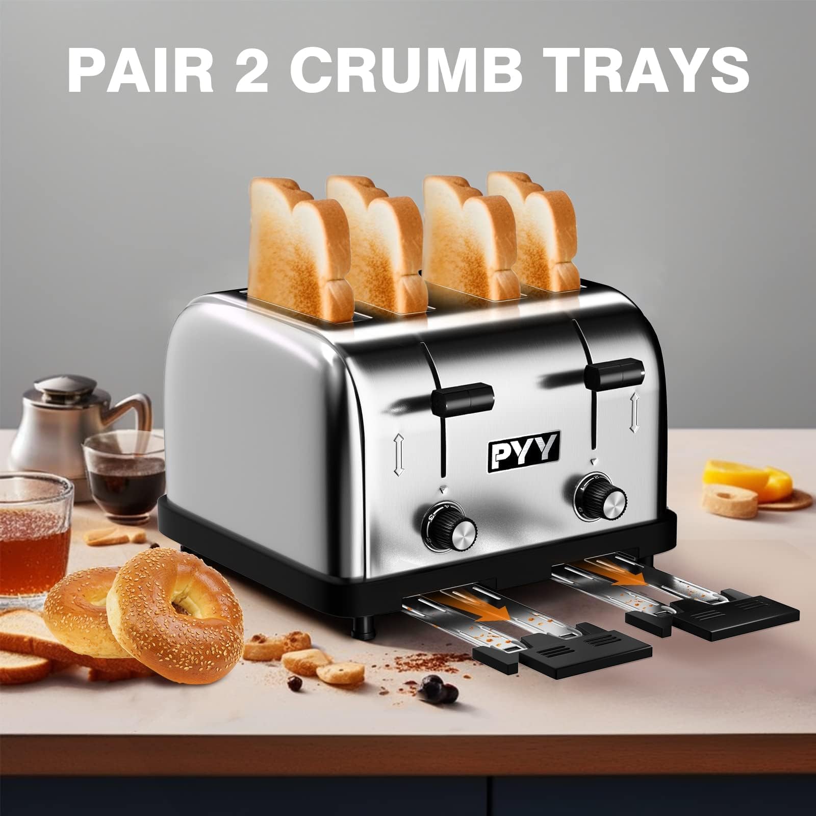 PYY Tostadora Comercial 4 Rebanadas - 225 Rebanadas/Hora Tostadora de Pan Plateada de Acero Inoxidable, 1800 W con Nivel de 6 Velocidades, Controles Dobles y Bandeja para Migas Extraíble, para Familias y Comerciales