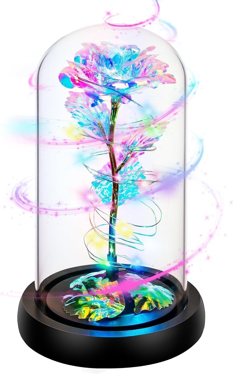 Childom Rotating Rainbow Rose in Glass Dome Light Up Gift