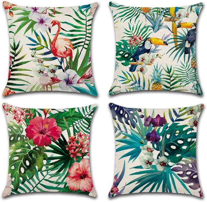 ULOVE LOVE YOURSELF Home Decorative Throw Pillow Covers Flamingo Pattern&Tropical Flower Leaves Cotton Linen Cushion Covers 18 X 18 Inch,4 Pack (Flamingo-1)