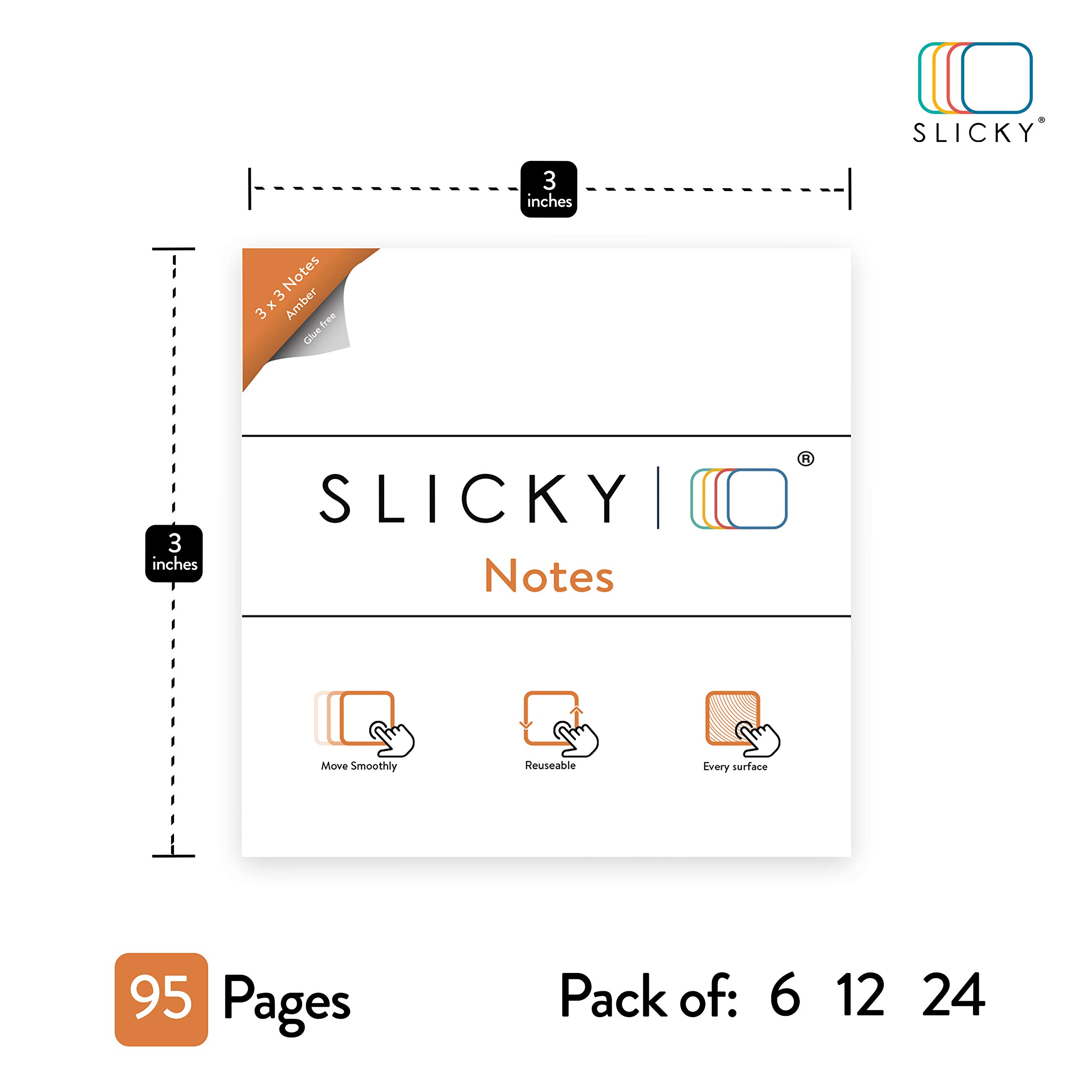SlickyNotes Reusable Double Sided Notes: 3x3 Inch Glue Free, Static Charged, Dry Erasable, Slideable, Eco-Friendly Paper Pads in 6, 12, and 24 Pack