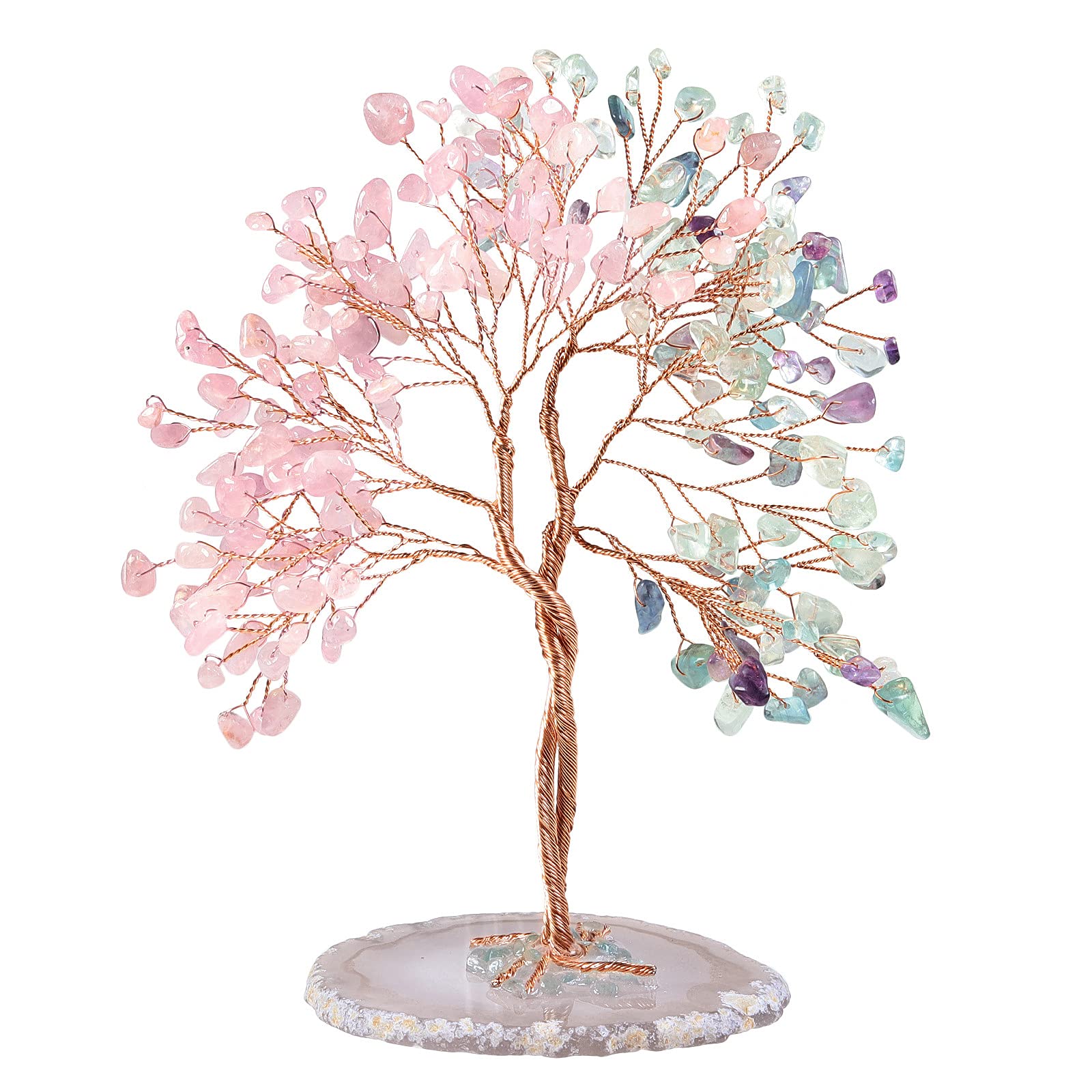 mookaitedecor Rose Quartz & Fluorite Crystal Tree of Life Healing Crystal Money Tree with Agate Slice Base, Crystal Bonsai Tree Good Luck Crystal Gift for Women Feng Shui Ornament Wedding Gift