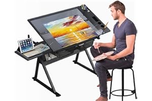 Gynsseh Drafting Table for Artists, Height Adjustable Drawing Table with Stool and Storage, 75° Tiltable Glass Tabletop Art Desk Watercolour Painting Workstation for Home School, Black