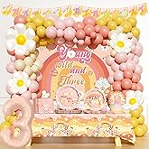 Hombae Young Wild and Three Party Decorations Girl, 3rd Birthday Decorations Girl, Boho Daisy Hippie Third Party Supplies, Retro Balloon Backdrop Banner Tablecloth Cake Topper Plates Napkins Forks