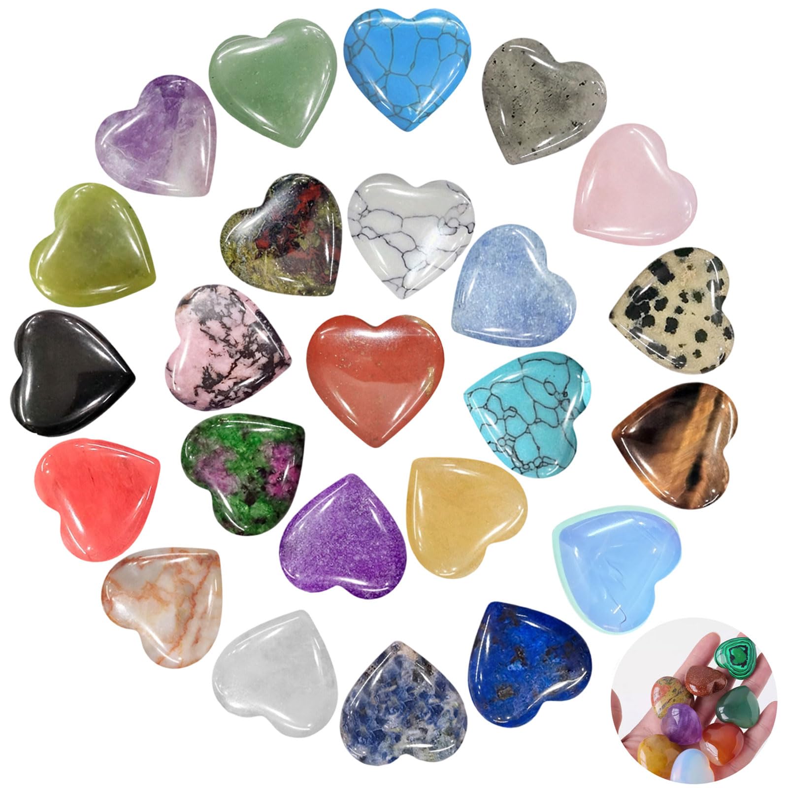 DALAETUS 24pcs Healing Crystals Heart Stones, Love Heart Natural Gemstones for lover, Valentine's Day, Multi Polished Pocket Stone for Stress Relief Reiki Chakra Healing, Meditation, Balancing Yoga