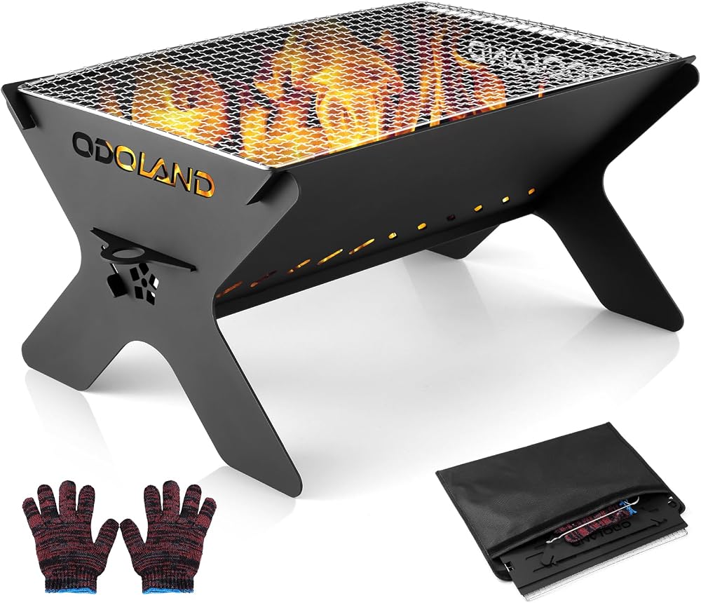Odoland Camping Fire Pit 2 in 1 Wood Burning Grill with Detachable Cooking Grate