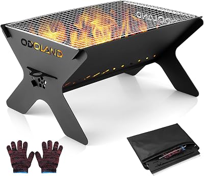 Odoland Camping Fire Pit 2 in 1 Wood Burning Grill with Detachable Cooking Grate