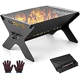 Odoland Portable Fire Pit for Outdoor Garden, 2 in 1 Wood Burning Fire Pit Grill with Detachable Cooking Grate for Outside, w