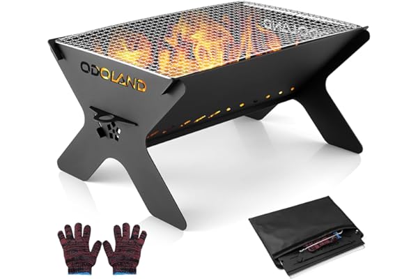 Odoland Portable Fire Pit for Outdoor Garden, 2 in 1 Wood Burning Fire Pit Grill with Detachable Cooking Grate for Outside, w
