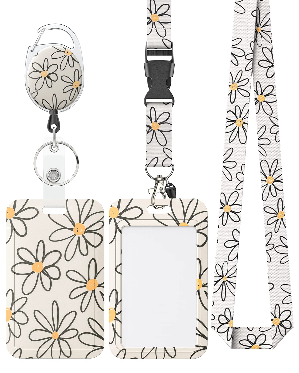 Uniclife Floral Sliding Badge Holder White Flower Plastic Case with Retractable Badge Reel Carabiner Clip and Detachable Lanyard Strap Hard Vertical Card Protector for Women Nurse Teacher Student โ image 1