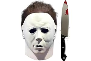 OZLON Michael Myers Mask with Plastic Knife, Adult Latex Mike Myers Face Masks With Hair For Halloween Scary Cosplay Costume