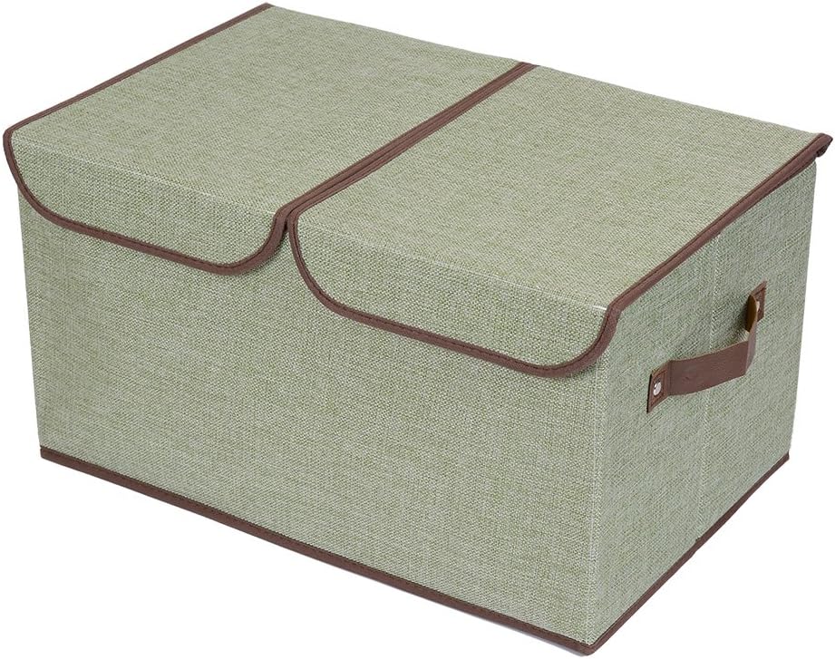 Creative Design Double Lids Linen Storage Box with 2 Compartments Folding Clothing Organizer (Green)