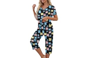 Sdwingk Women's Pajama 2 Piece Sets Short Sleeve Tops and Capri Pants Printed Sleepwear Comfy Loungewear Casual Lounge Set