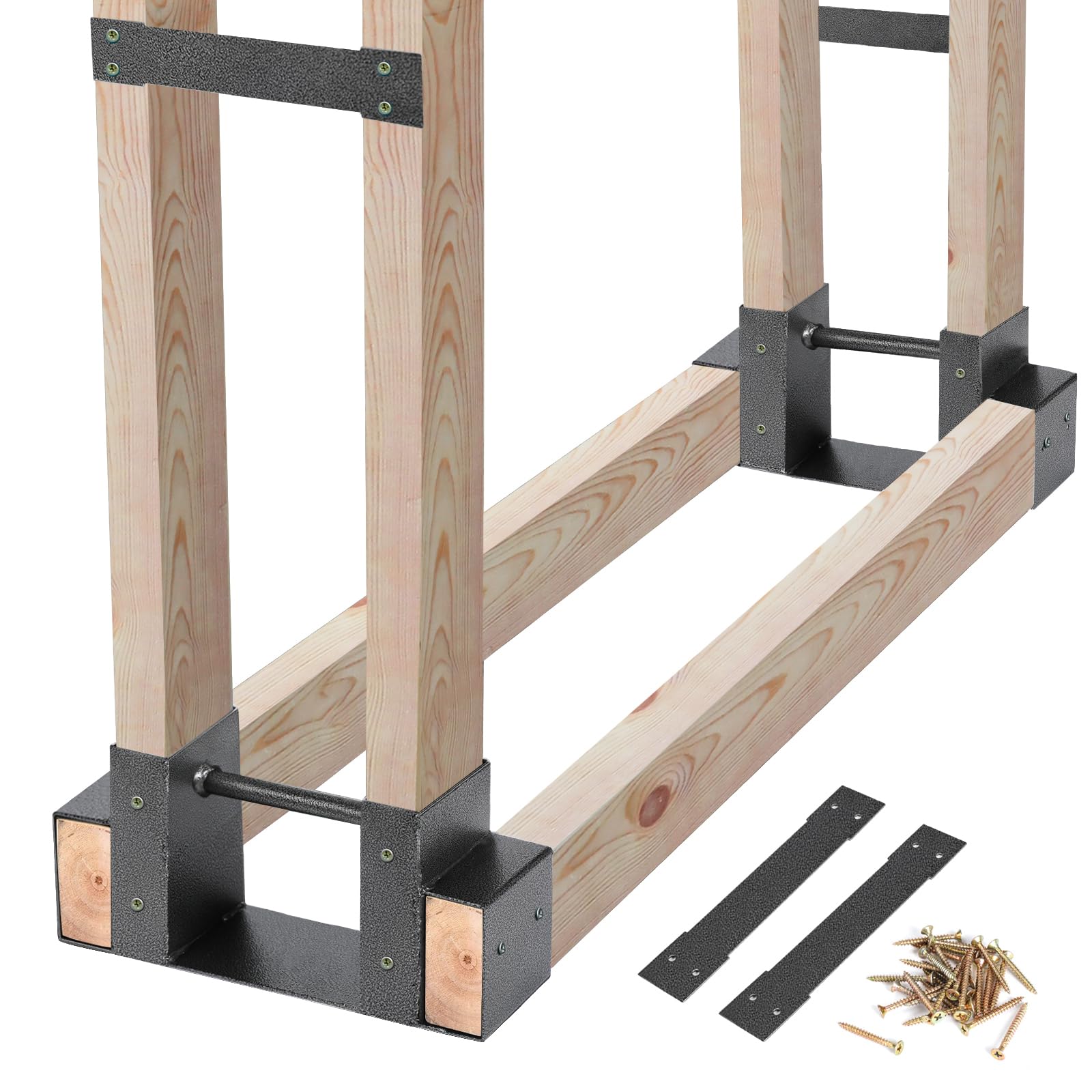 Photo 1 of MOFEEZ Outdoor Firewood Log Storage Rack 2x4 Bracket Kit, Fireplace Wood Storage Holder, Adjustable to Any Length - Silver Black, Two Bases