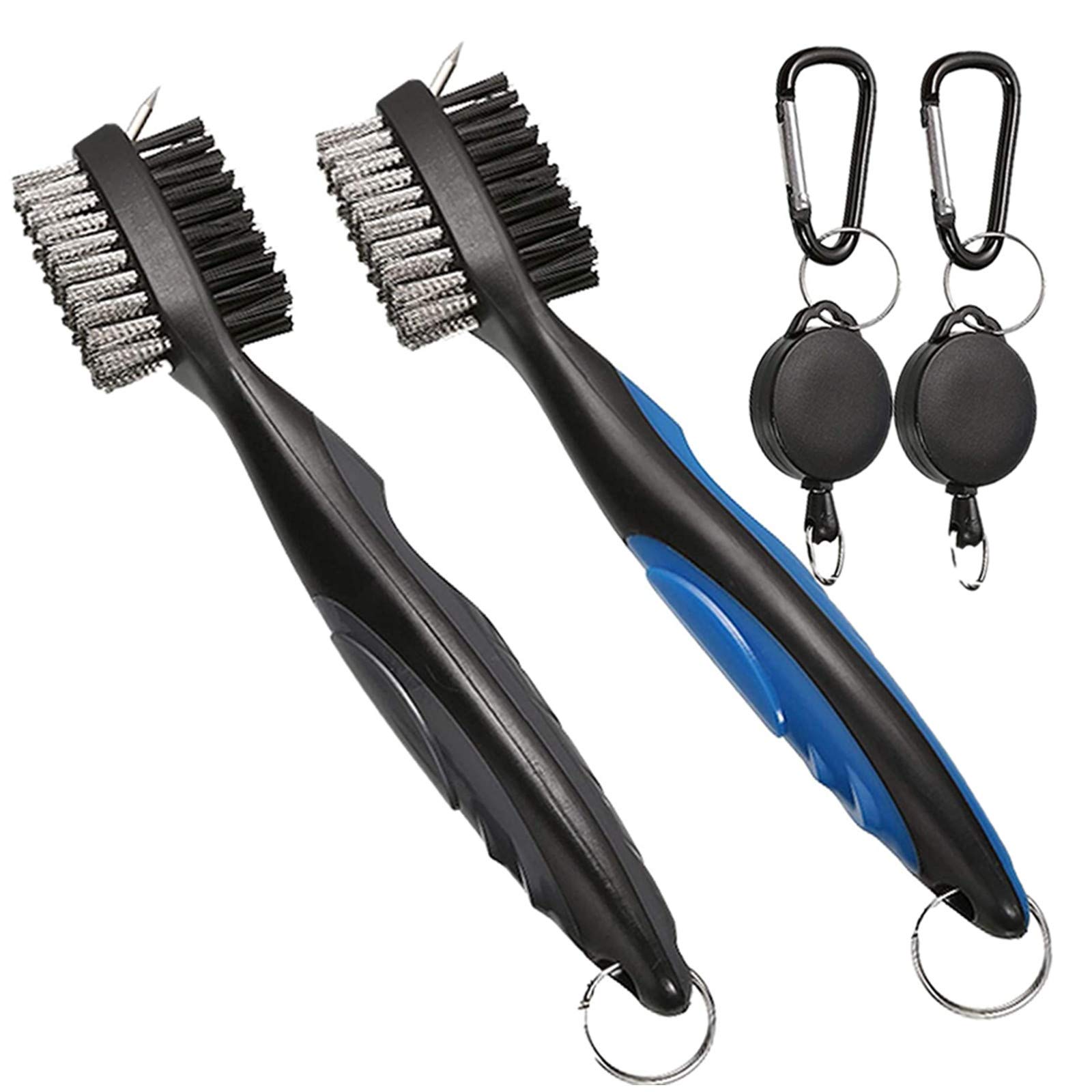 Golf Club Brush Groove Cleaner Long Handle With Double Sided 2 Pack, Golf Brush Durable Plastic Handle Premium Travel Level Easily Attach Golf Bag Gift For Men Women Kids (Pack of 2-Blue+Black)