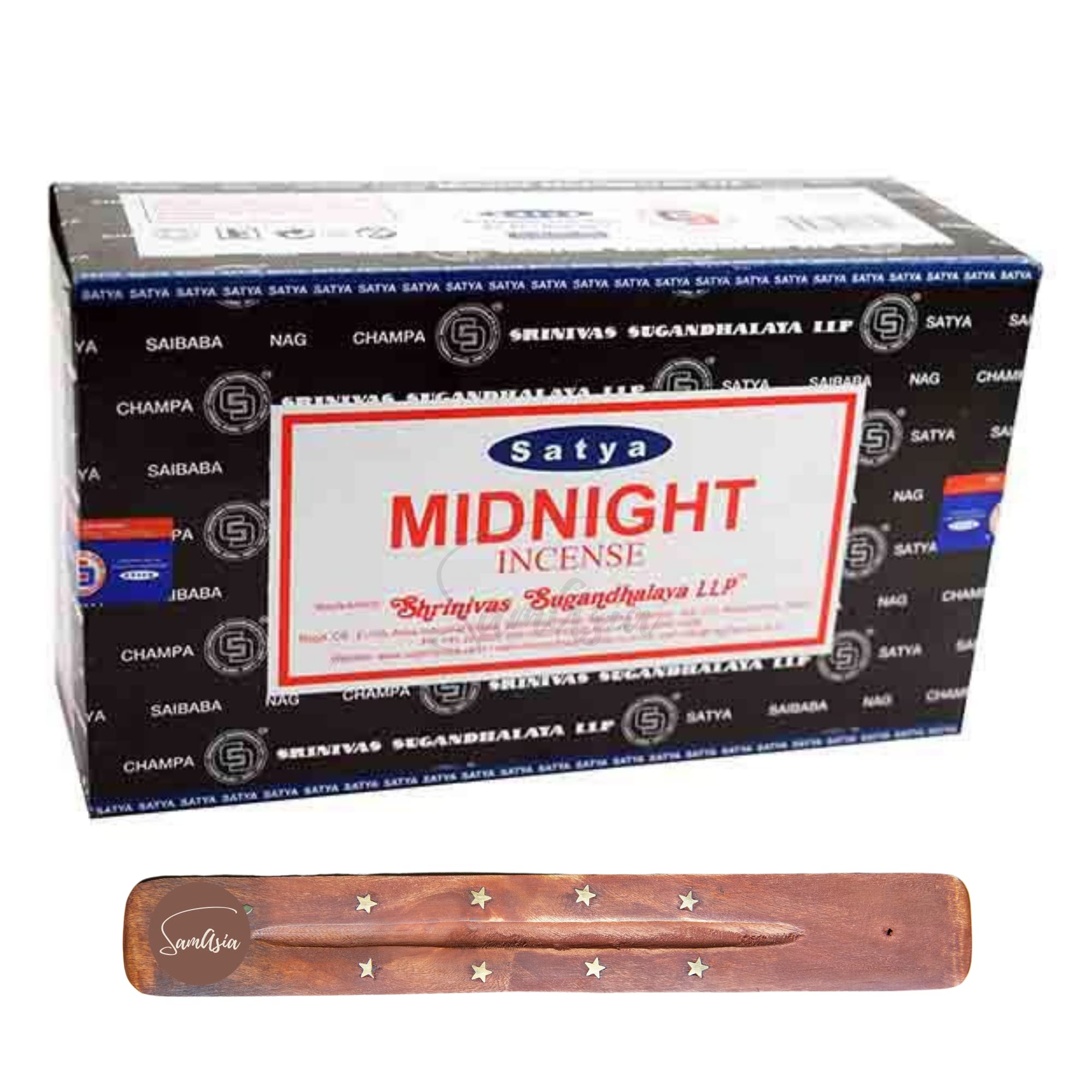 Satya Nag Champa Midnight Incense Sticks | x12 pack | with SAMASIA incense sticks holder | Used for Miomatherapy, Spa, Yoga, Weddings, Meditation, Healing, Positivity and Relaxation — image 1