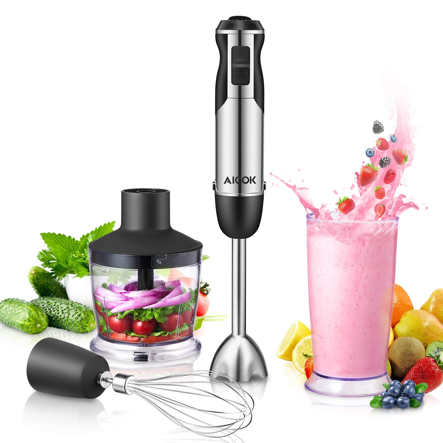 Batidora de Mano, Aicok 4 en 1 Batidora Electrica, 6 Control con Picadora de 500ml, Vaso Medidor de 600 ml y Varilla Batidora, Libre de BPA,para Smoothie, Huevos, Carnes y Vegetales