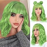 CLIONE Green Wigs for Women Short Wavy Bob Wig with Bangs Shoulder Length Natural Wavy Synthetic Wig Short Fluffy Bob Curly Wigs Cosplay Party Costume Wigs（Mix Green 14 Inch）