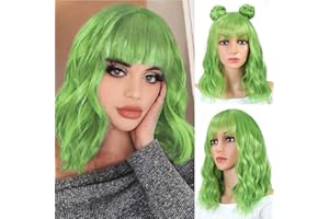 CLIONE Green Wigs for Women Short Wavy Bob Wig with Bangs Shoulder Length Natural Wavy Synthetic Wig Short Fluffy Bob Curly Wigs Cosplay Party Costume Wigs（Mix Green 14 Inch）