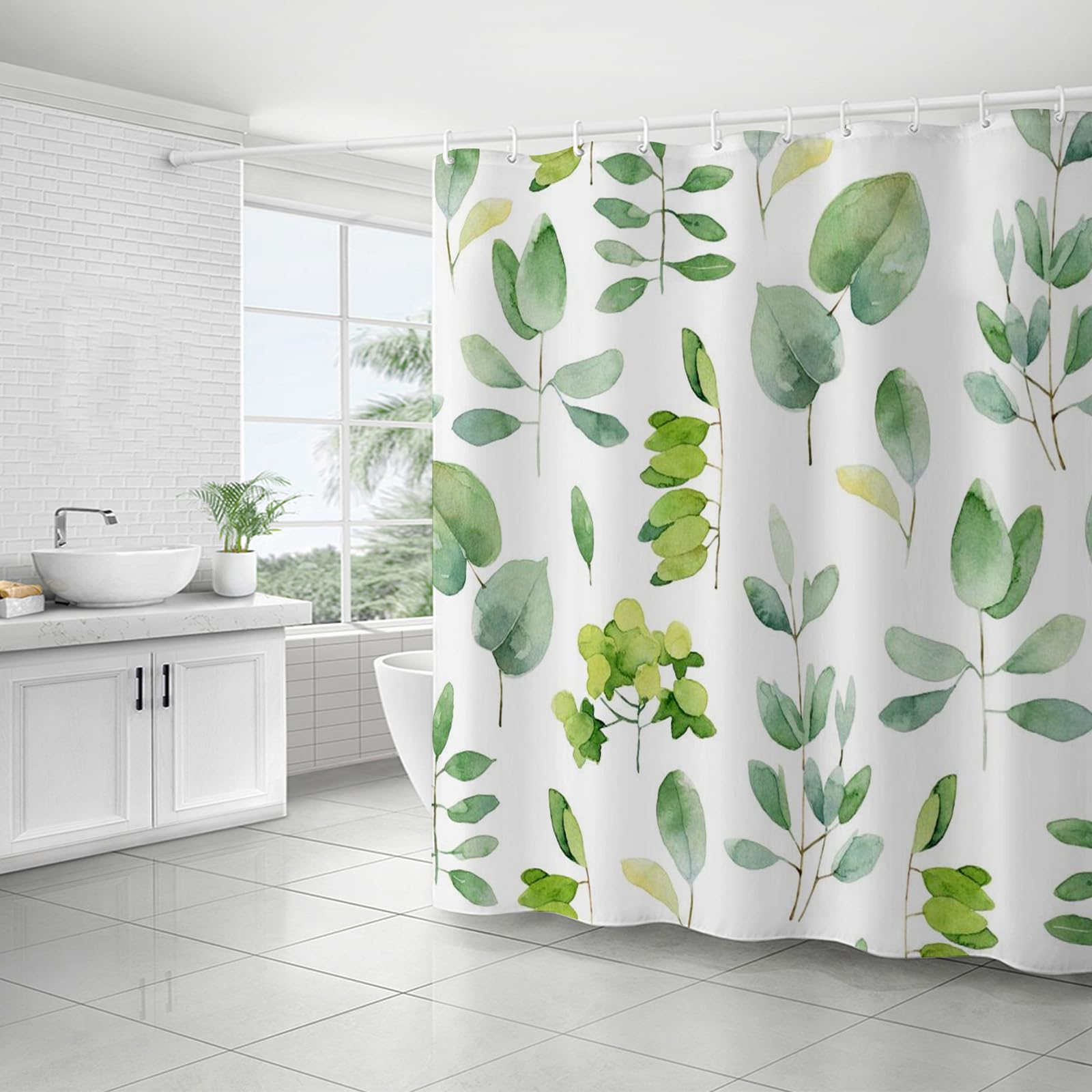 FAIRYGATE Extra Long Shower Curtain Polyester Shower Curtains Mould Mildew Resistant Bathroom Curtain Washable with 12 Hooks Quick Drying Bathtub Curtain Printed with Plants Leaves B8109
