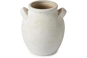 Sawoake Vintage Ceramic Vase with Handle, 7 Inch Off-White Farmhouse Rustic Pot, Retro Table Centerpiece for Coffee Desk, Liv