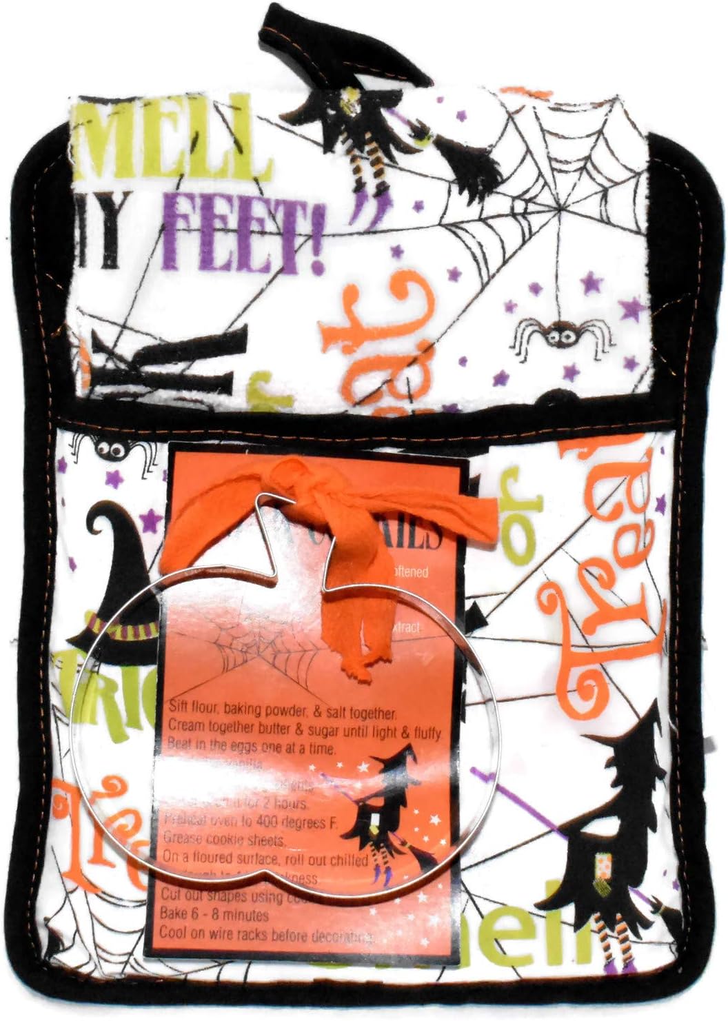 New 3pc Halloween Smell My Feet Witch Oven Pot Holder, Pumpkin Cookie Cutter & Kitchen Towel Pocket Oven Mitt Gift Set