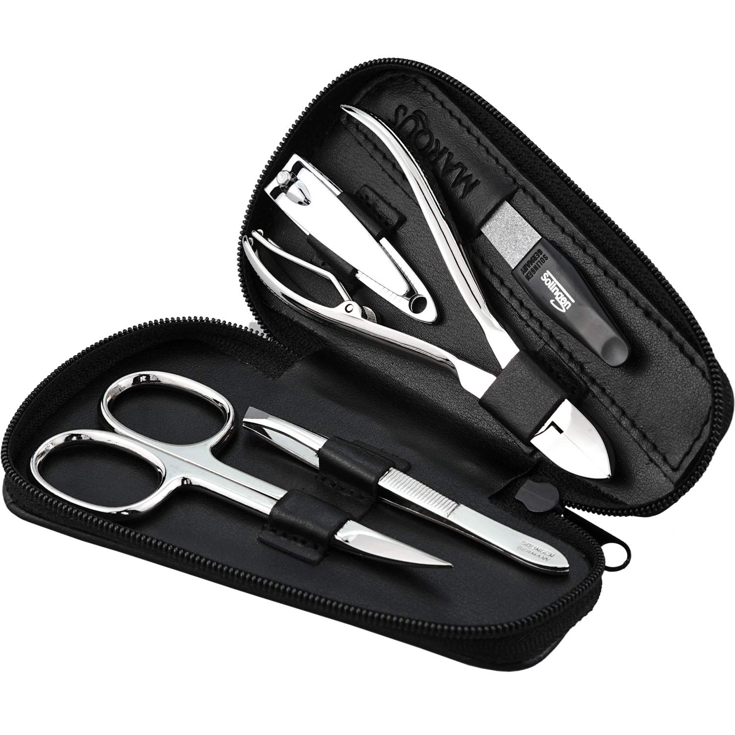 Marqus Manicure Set for Women and Men - 5-Piece Grooming Kit with Nail Nippers and Clippers - Real Leather Case - Perfect for Travelling or as a Gift, Black