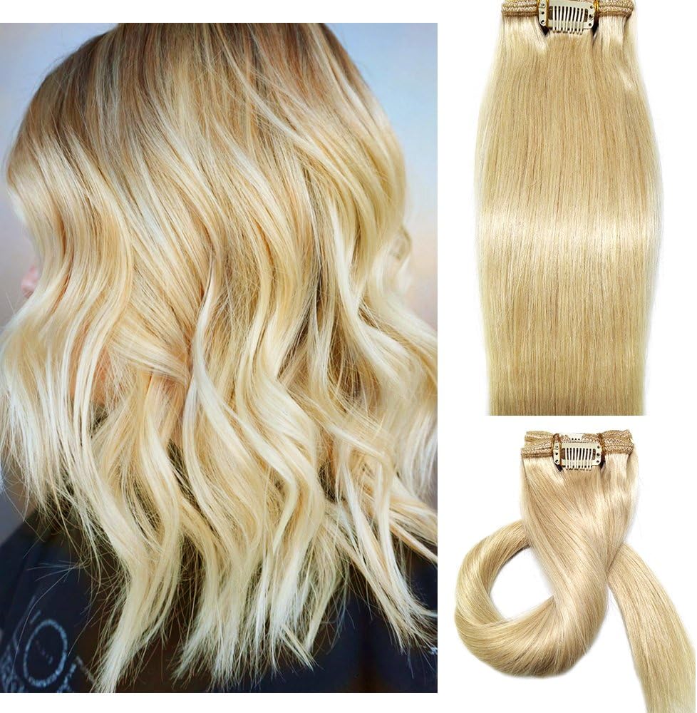 Myfashionhair Clip in Human Hair Extensions Blonde Clip on Real Hair
