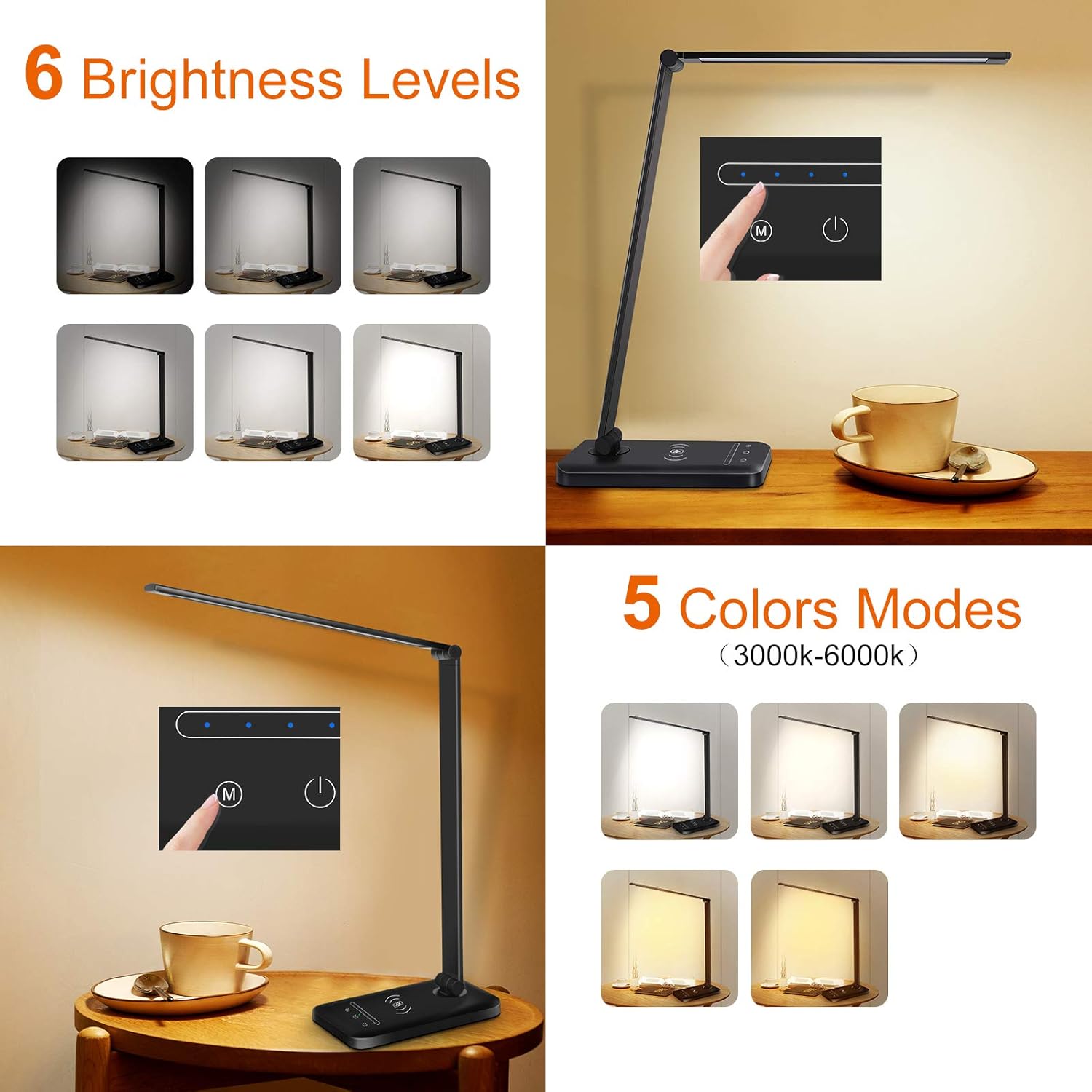 LED Desk Lamp with Wireless Charger, USB Charging Port, Table Lamp with 6 Brightness Levels & 5 Lighting Modes, Touch Control, Auto-Off Timer, Dimmable Eye-Caring Desk Light with Adapter, Black: Home Improvement