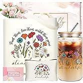 wangxitumug Best Teacher Appreciation Gifts for Women,Thank You Teacher Christmas Gifts set with Tote Bags and 16 oz Glass Cup