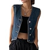 OYOANGLE Women's Denim Vest Button Down Sleeveless V Neck Jean Waistcoat Jackets
