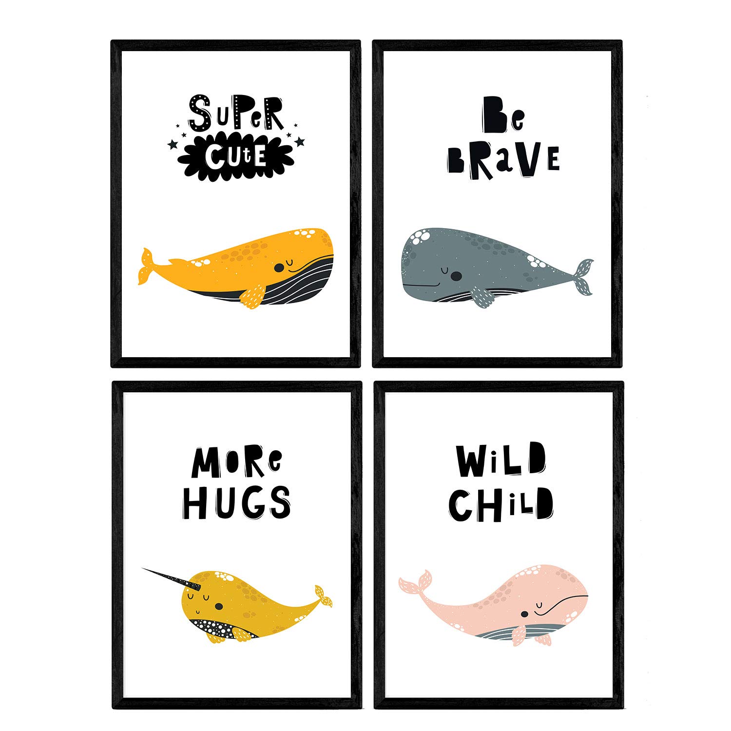 Nacnic Pack of four posters with pictures of whales. Leaves with children. Pictures of whales. Whales hug beautiful and bold words wild. A3 size without frame — image 1