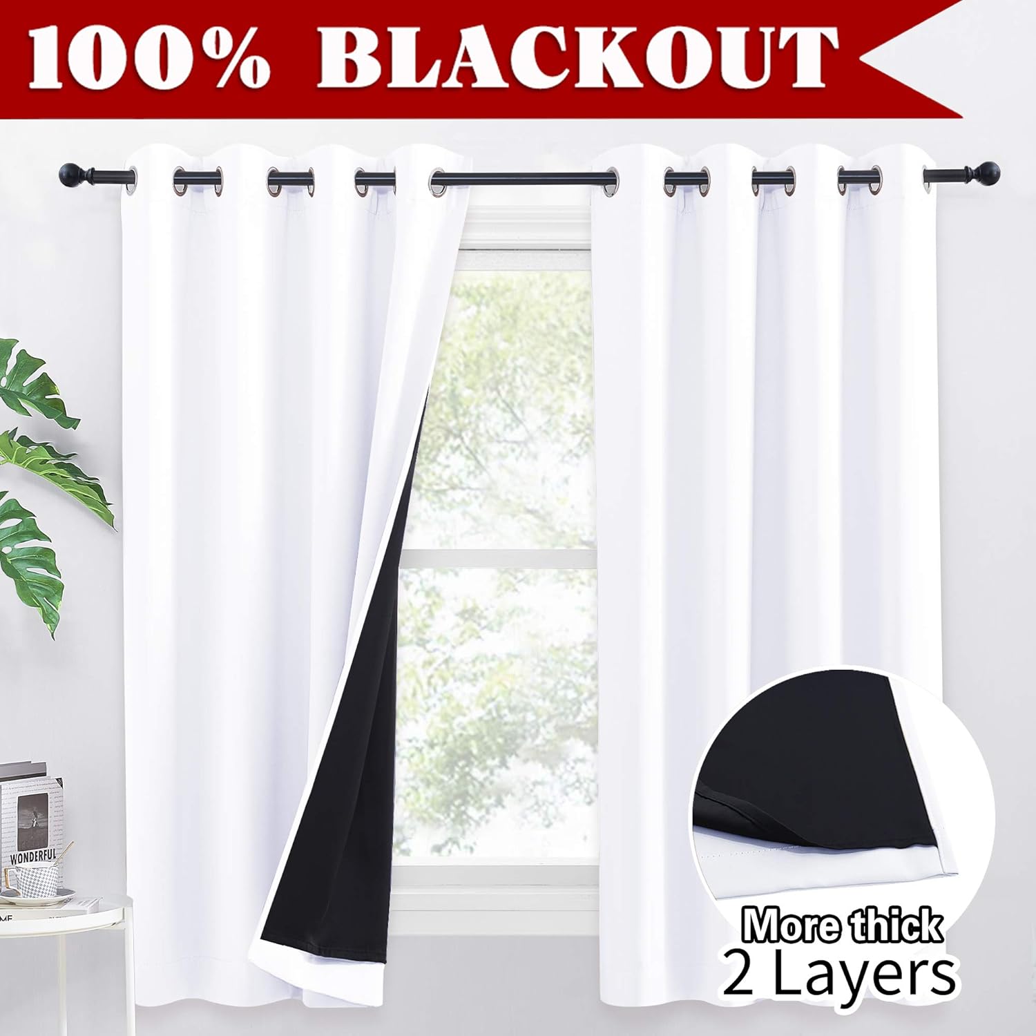 PONY DANCE 100% Blackout Curtains with Liner, Double-Layer Thermal Insulated 52x54 Inch Bedroom Curtains - Image 3