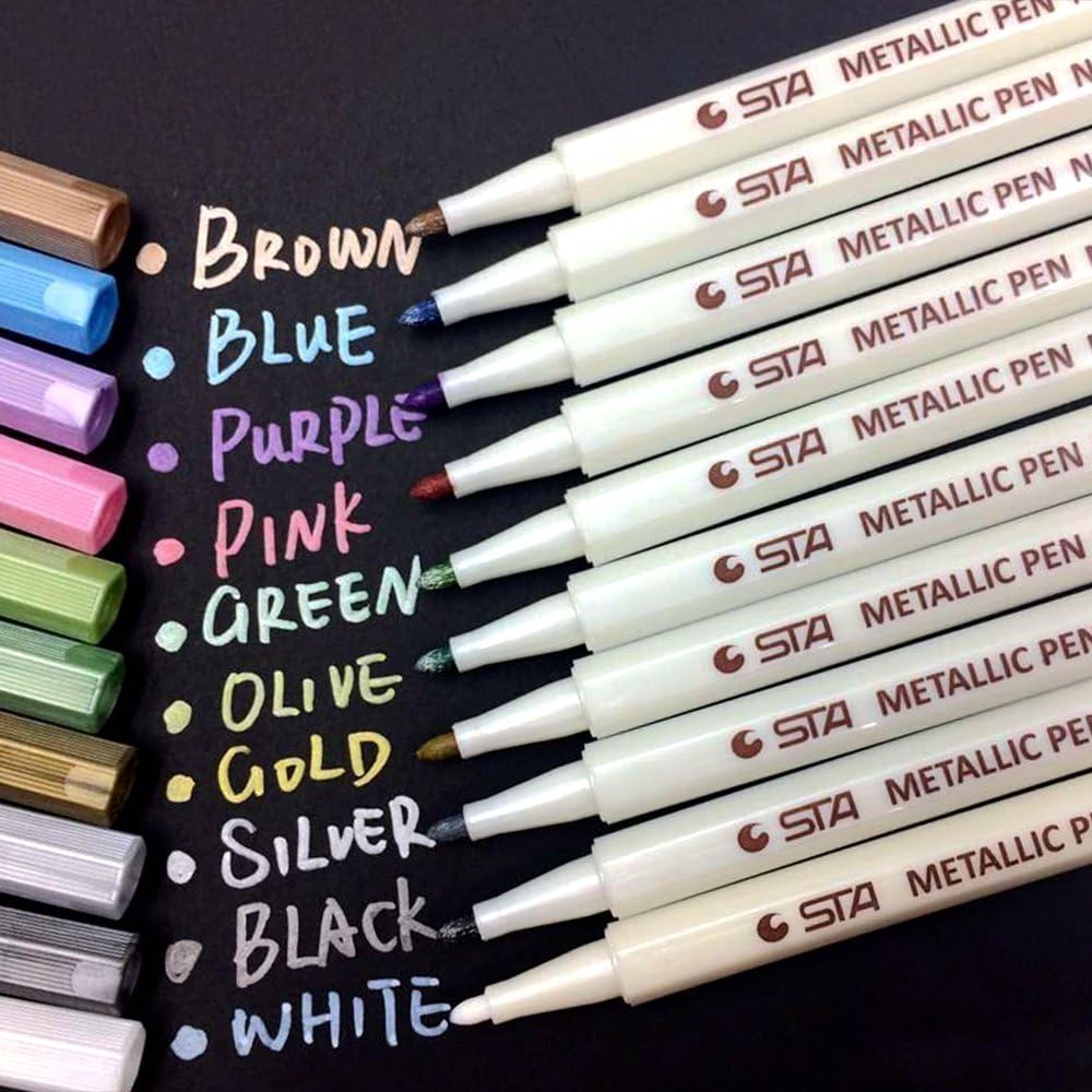 Metallic Marker Pens, Metallic Painting Art Marker Pen Set of 10 Assorted Colors for Photo Album Drawing/Birthday Greeting Gift/Thank You Card, Use on Any Glass, Plastic, Pottery, Wood Surface