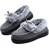 DL Women's Fuzzy Warm Moccasin Slippers Memory Foam, Soft Fluffy Winter House Closed Back Fur Lined, Cozy Ladies Suede Indoor Bedroom Houseshoes Non-Slip