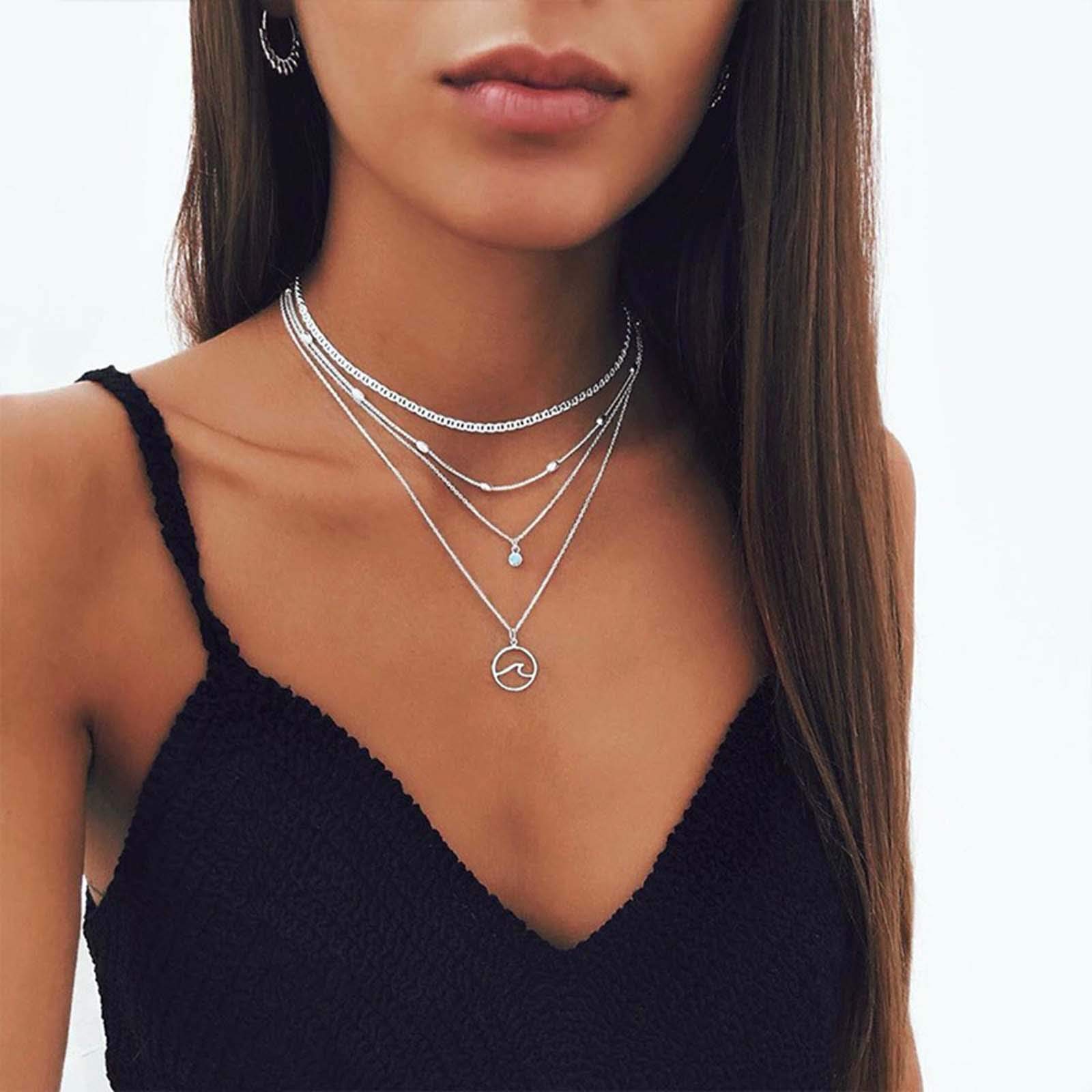 TseenYi Ocean Wave Pendant Necklace Silver Layering Crystal Necklace Satellite Collar Choker Vintage Chain Jewelry for Women and Girls