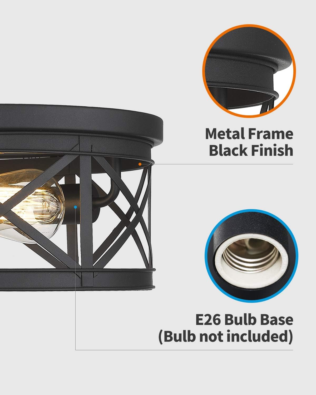 FEMILA Flush Mount Ceiling Light, 12inch Rustic Metal Cage Close to Ceiling Light Fixture for Hallway Stairway Kitchen Garage, Black Finish, 4FD19-F BK - - 