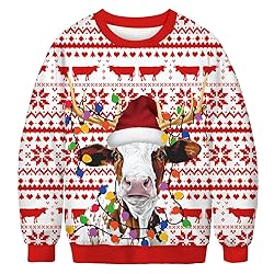 ALBIZIA Unisex Cow with Christmas Hat Print Crew