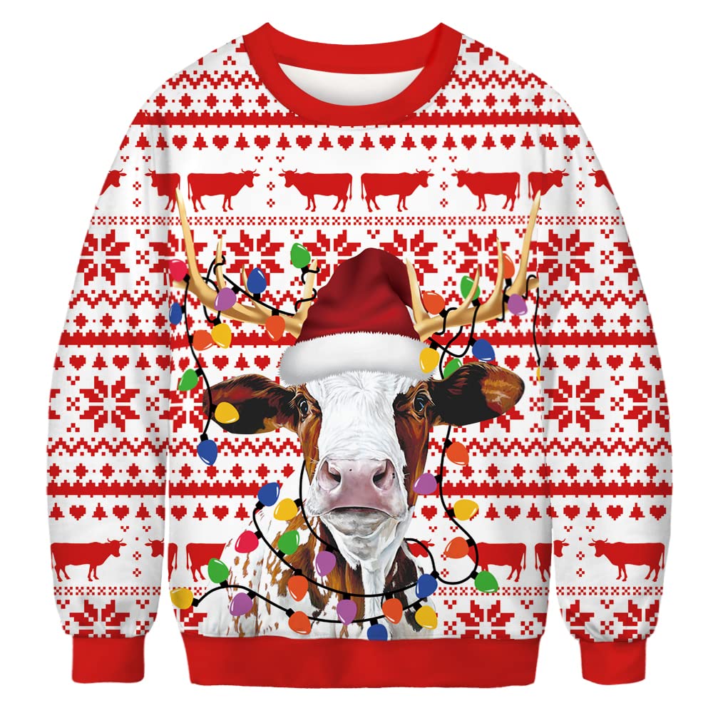 ALBIZIA Unisex Cow with Christmas Hat Print Crew