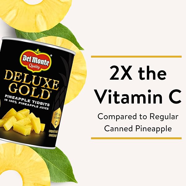 DEL MONTE DELUXE GOLD PINEAPPLE TIDBITS IN 100% PINEAPPLE JUICE, 20 OZ CAN, CANNED FRUIT
