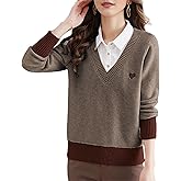 DOVWOER Women's Collar Neck Layered Look Contrast Sweater Long Sleeve 2 in 1 Pullover Knitwear Tops