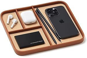 Nordik By Design Leather Valet Tray - Saddle Brown Premium Vegan Stylish and Organized Nightstand for Men EDC Catchall Keys, Watch, Wallet, Jewelry Modern Bedside Caddy