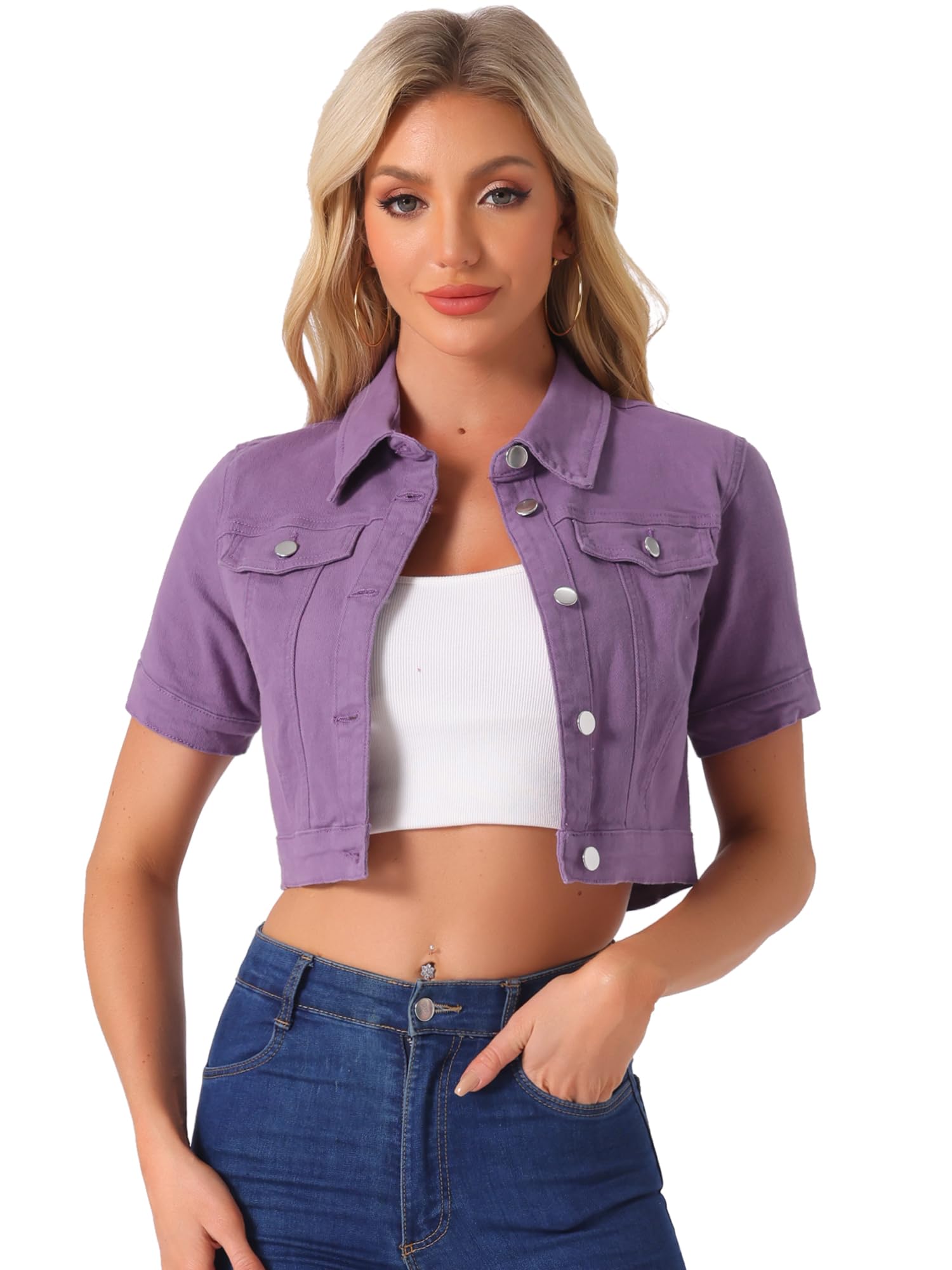 Allegra K Casual jas voor dames korte mouwen Crop Jean denim jas