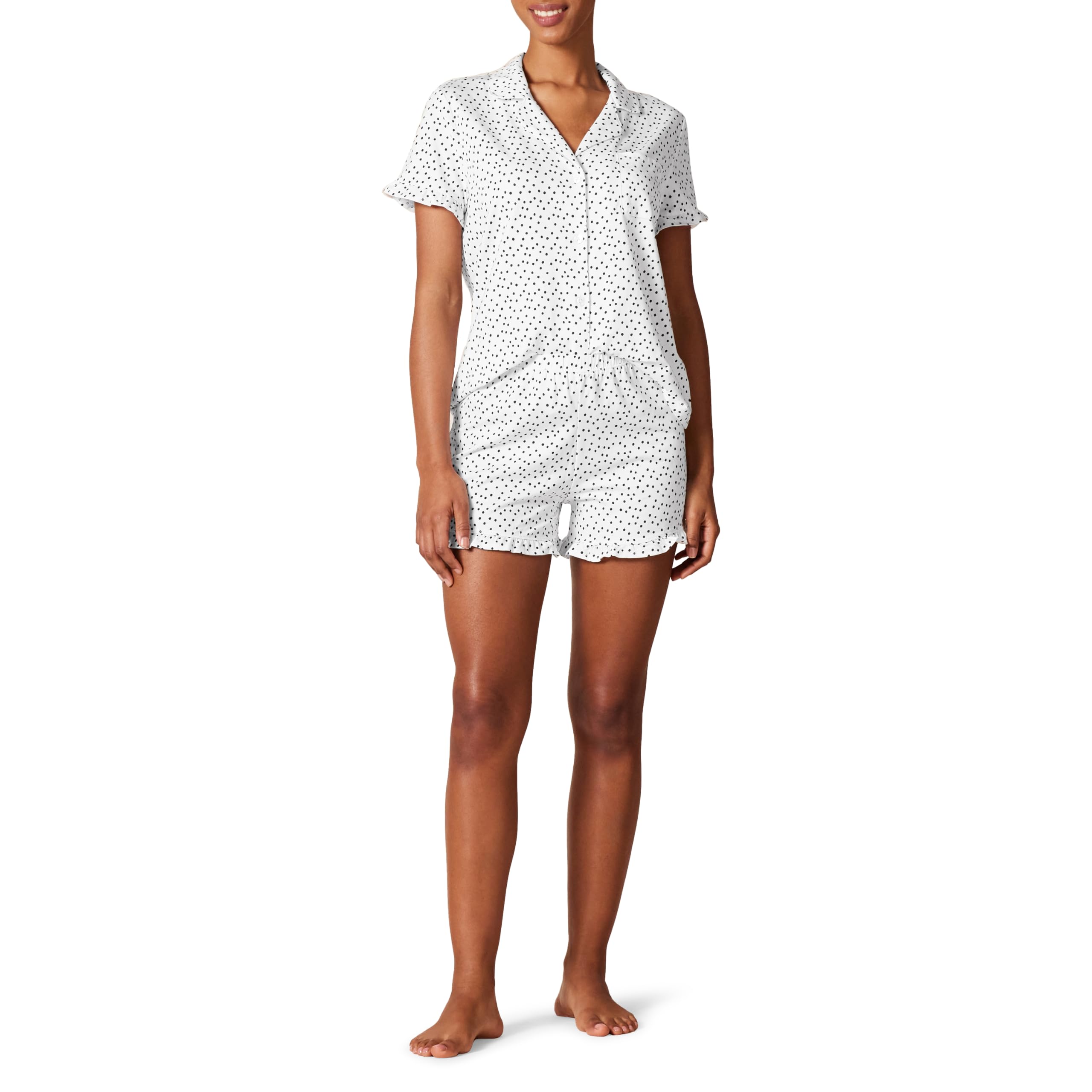 Photo 1 of Amazon Essentials Women's Cotton Modal Piped Notch Collar Pajama Set, Comfortable Loungewear (Available in Plus Size), White Dots Print, Large